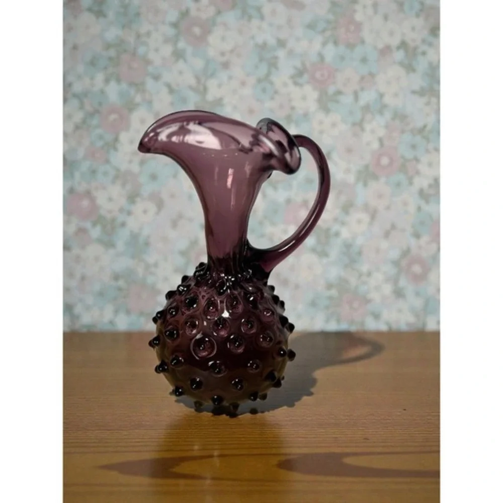 Vintage Amethyst Purple Hobnail Art Glass Pitcher Hand Blown Decorative‎ Cruet